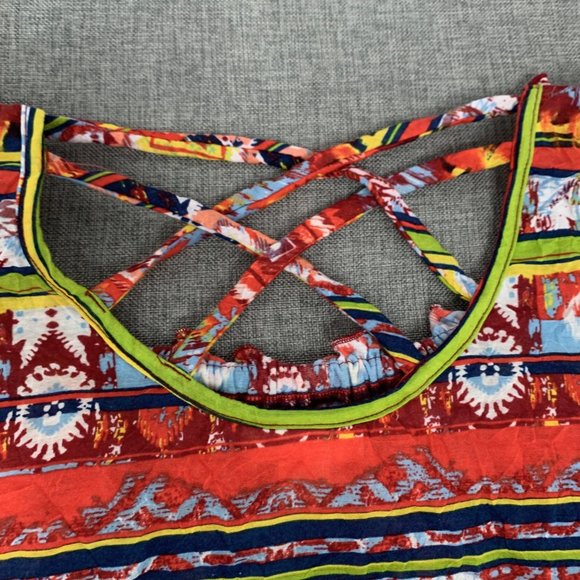 Belle Du Jour Multicolor Shirt Short Cap Sleeve Small Polyester Crisscross Back - Picture 12 of 14